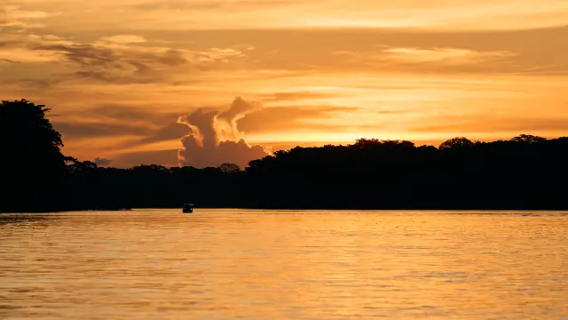 A small boat floats on a wide river against a silhouette of dense forest under a glowing sunset sky.